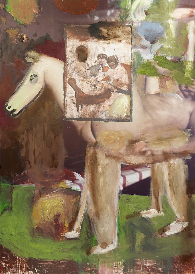 Michele Bubacco, Still life with trojan horse on the room on fire
2020, Oil and printed poster on aluminum