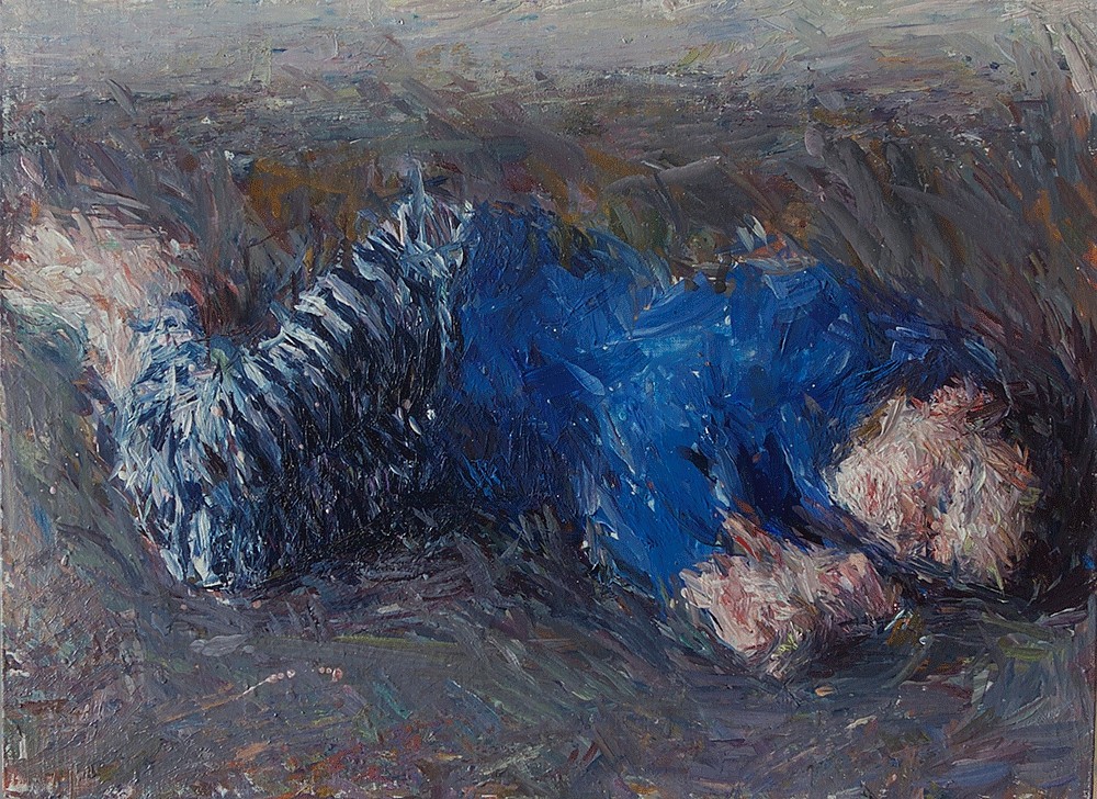 Daniel Enkaoua, Liel au sol en pyjama à rayures bleues
2020, Oil on canvas mounted on wood